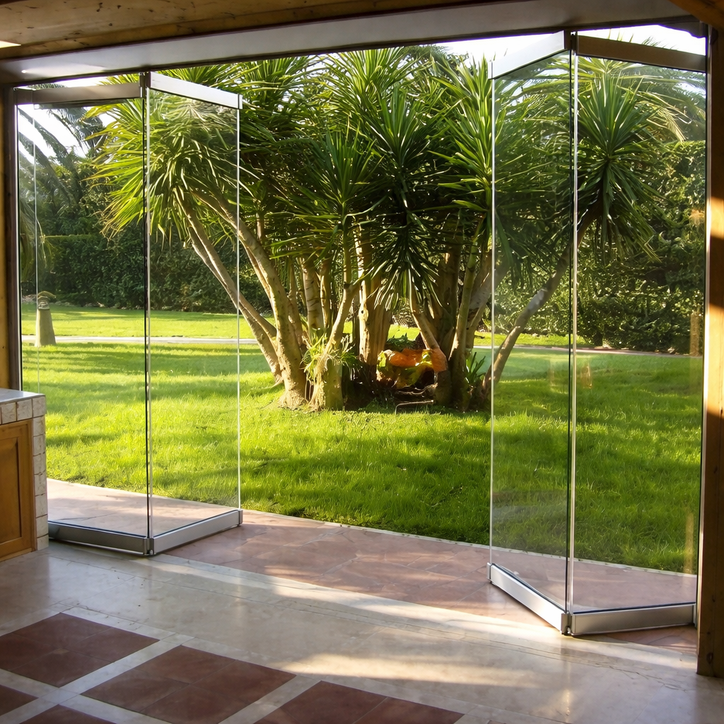 Frameless glass doors opening to a lush green garden