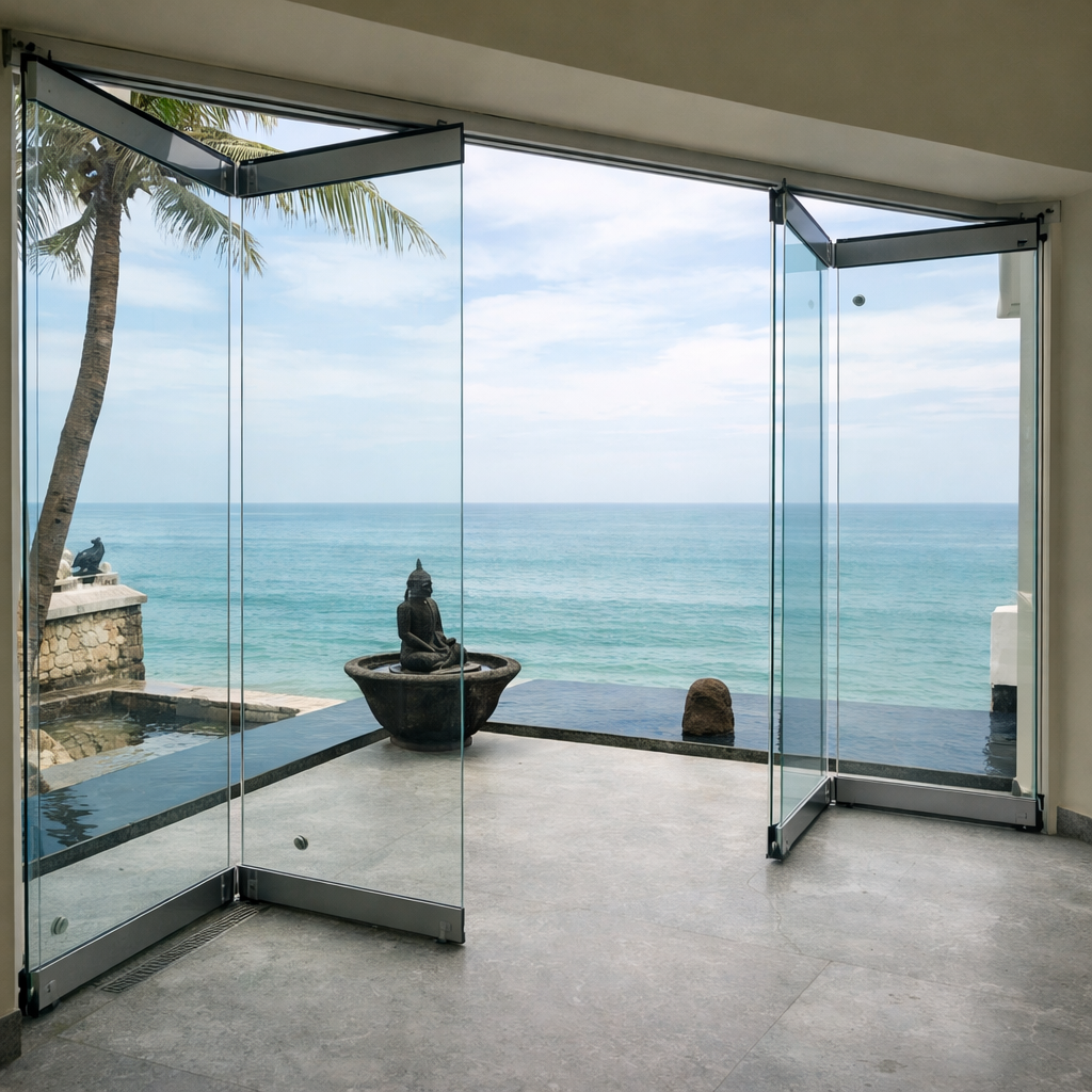 Frameless glass doors opening to a stunning ocean view