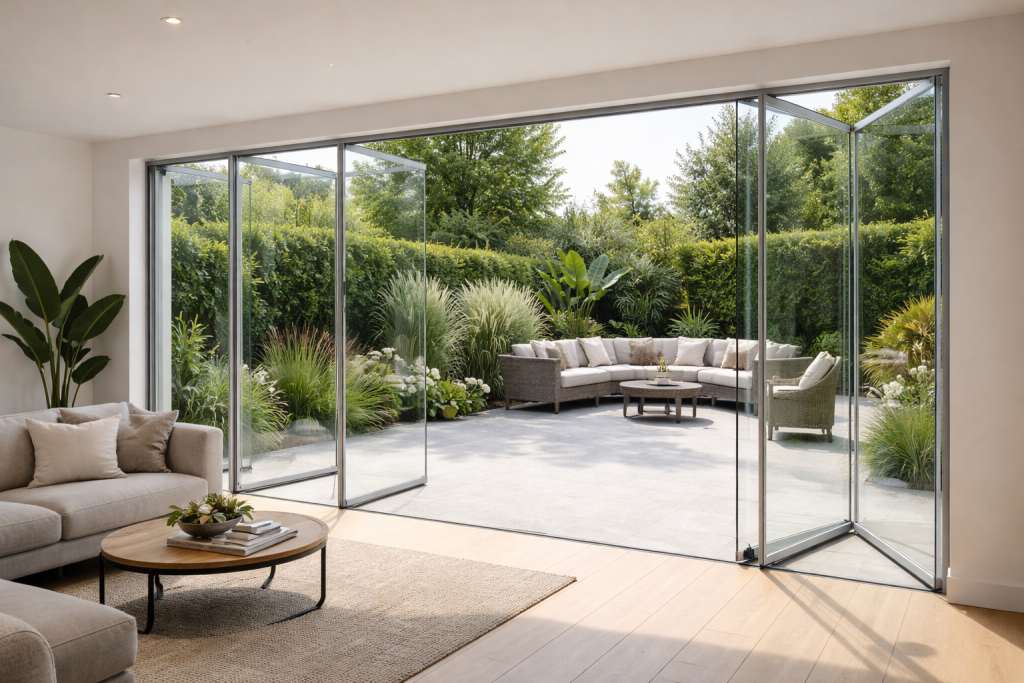 Frameless bi-folding doors opening to a green patio